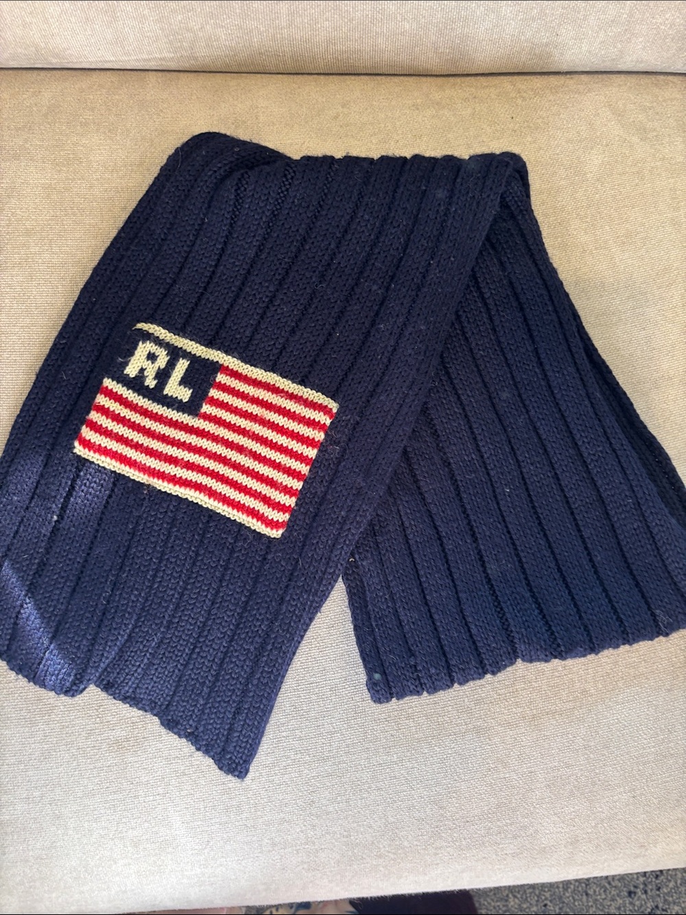 Men's polo Ralph Jeans Navy Rib Knit Scarf with Flag Patch